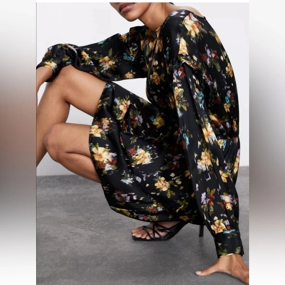 Zara Black Floral Ruffle‎ Mini Long Sleeves Dress Size XS - Picture 14 of 16